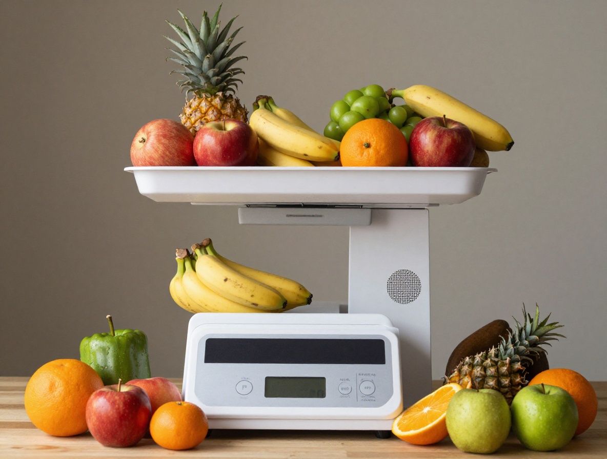 Une balance de cuisine avec des fruits et légumes, symbole d'équilibre et de mesure dans l'alimentation.
