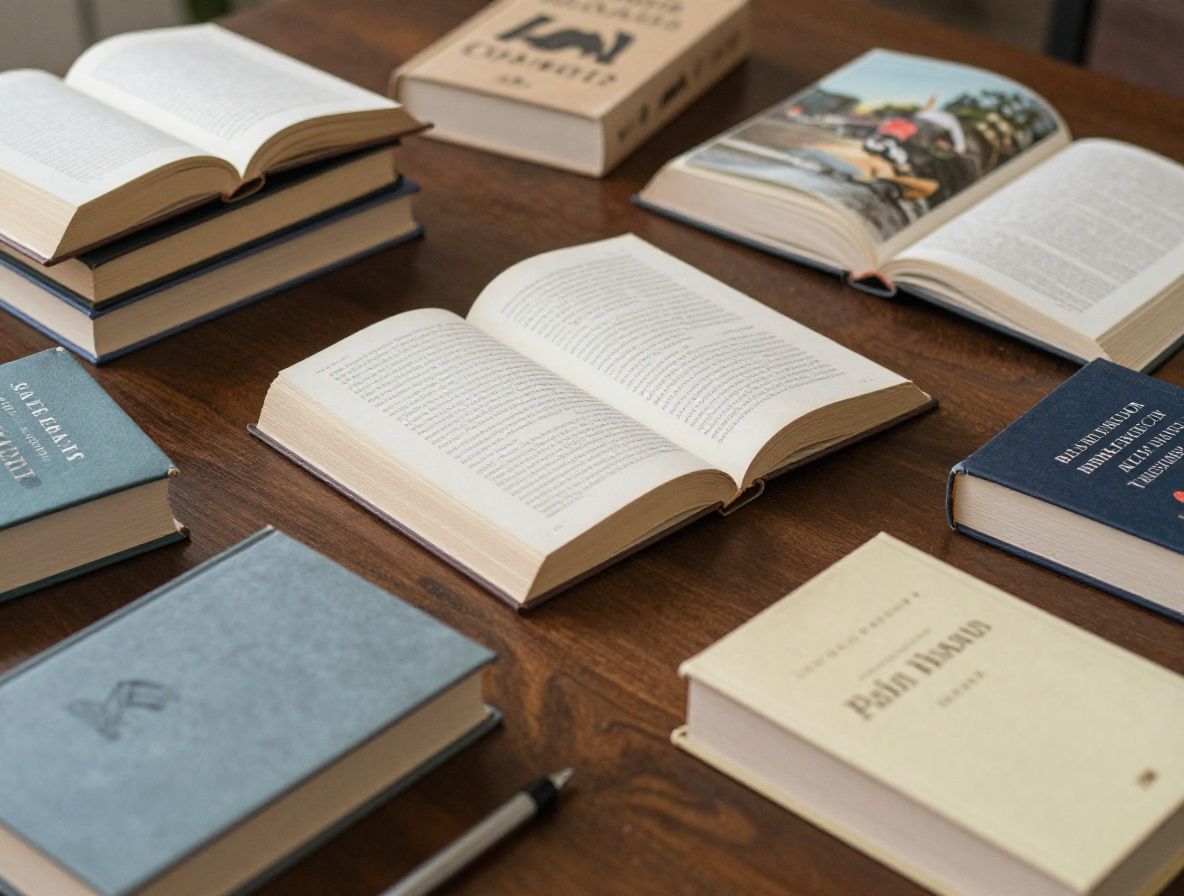 Une disposition artistique de divers livres ouverts et stylos sur une table, évoquant la lecture et l'écriture de blog.