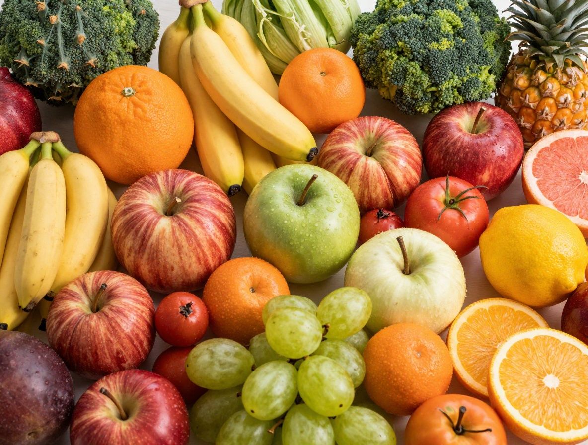 Une variété de fruits et légumes frais aux couleurs vives, représentant une source naturelle de vitamines et minéraux.