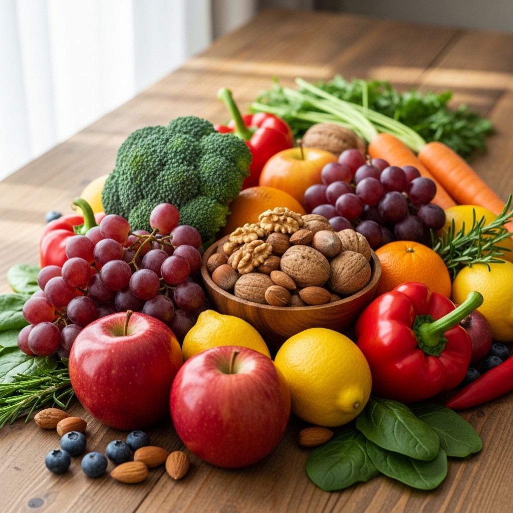 Composition de fruits colorés, légumes frais variés et noix disposés harmonieusement sur une table en bois naturel, lumière naturelle douce, ambiance saine et équilibrée