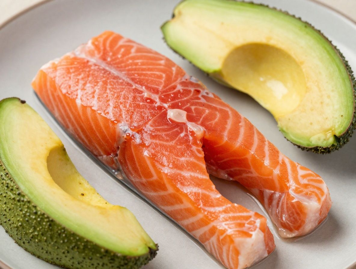 Morceaux de saumon frais et avocat, représentant les sources de bonnes graisses.