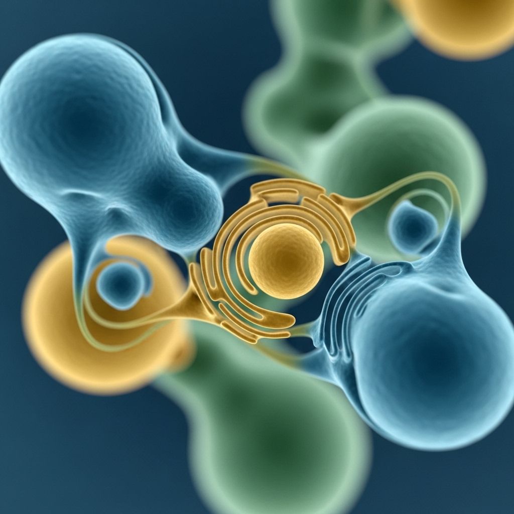 Représentation schématique abstraite et stylisée du processus métabolique énergétique cellulaire, formes géométriques douces, tons bleu-vert et or, visuel scientifique non médical