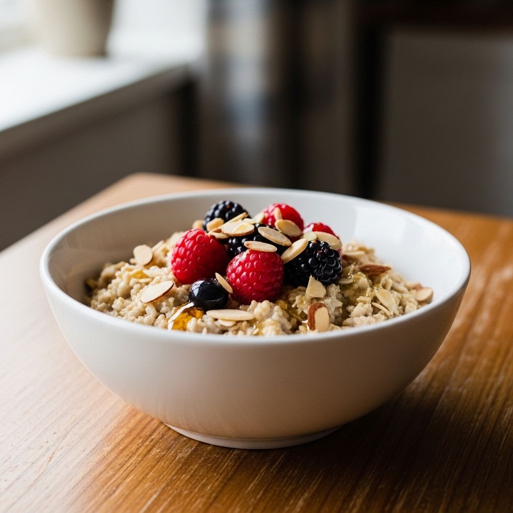 Bol de flocons d'avoine avec fruits rouges frais, myrtilles et framboises, graines de chia et de courge, présentation soignée sur fond neutre clair, repas du matin sain