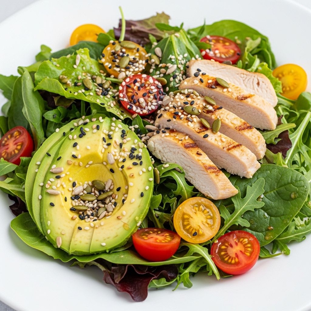 Salade composée généreuse avec légumes verts feuillus, tomates cerises, avocat tranché, poulet grillé et graines, vinaigrette légère, assiette blanche, repas équilibré