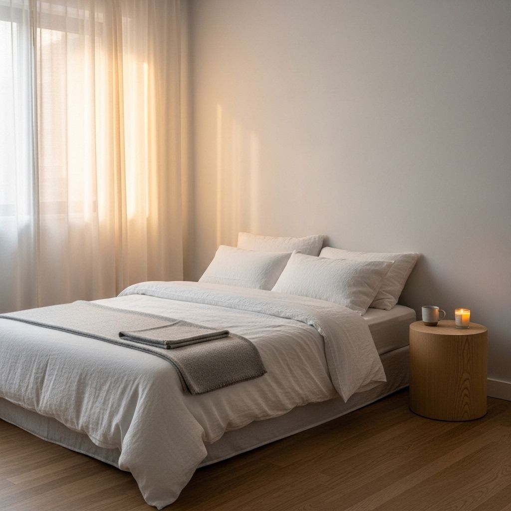 Intérieur de chambre minimaliste et apaisant avec éclairage tamisé chaud, literie claire, ambiance sereine propice au repos et à la détente, décoration épurée