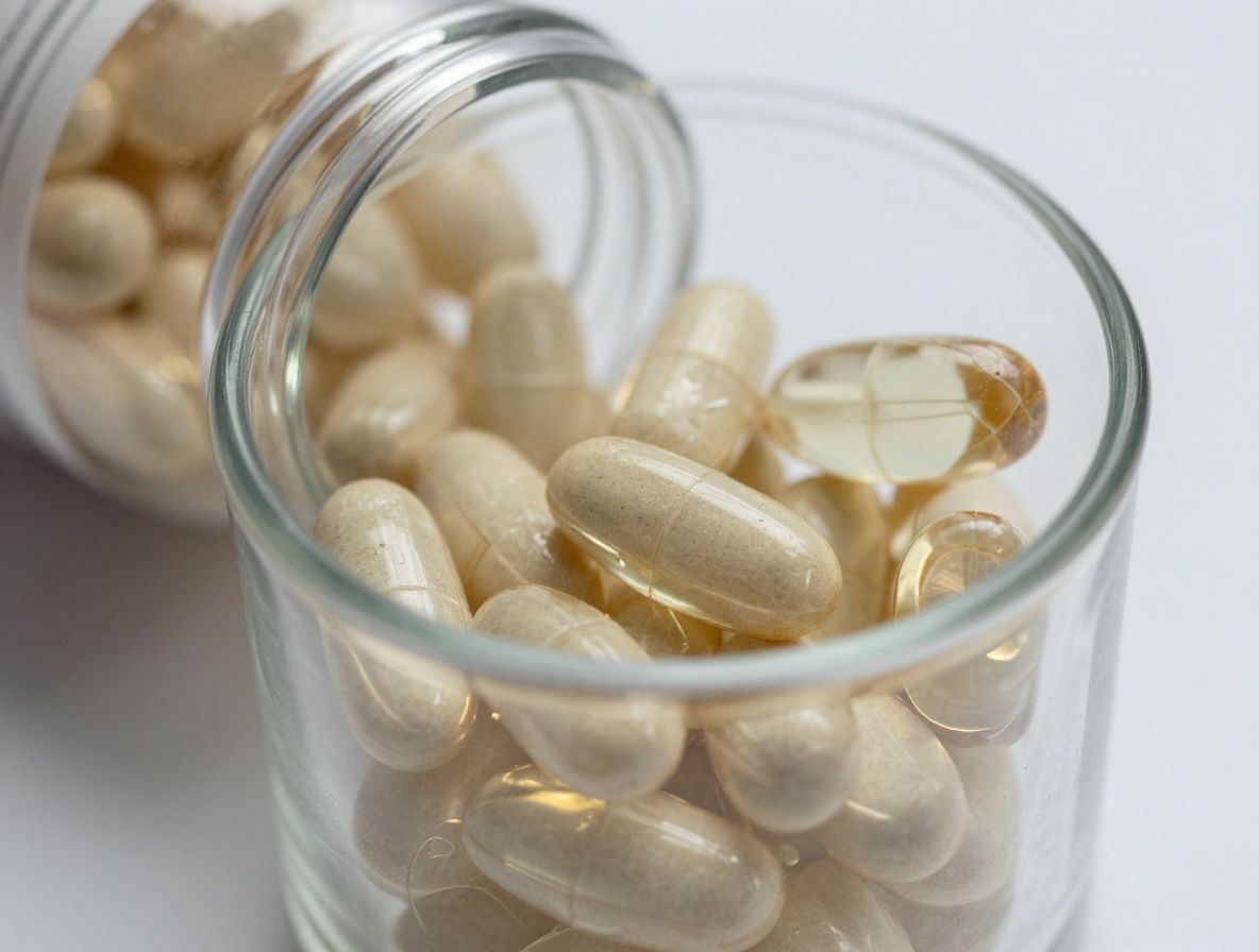 Gélules génériques dans un petit récipient en verre, posées à côté d'une loupe sur un fond neutre, représentant l'analyse des suppléments.